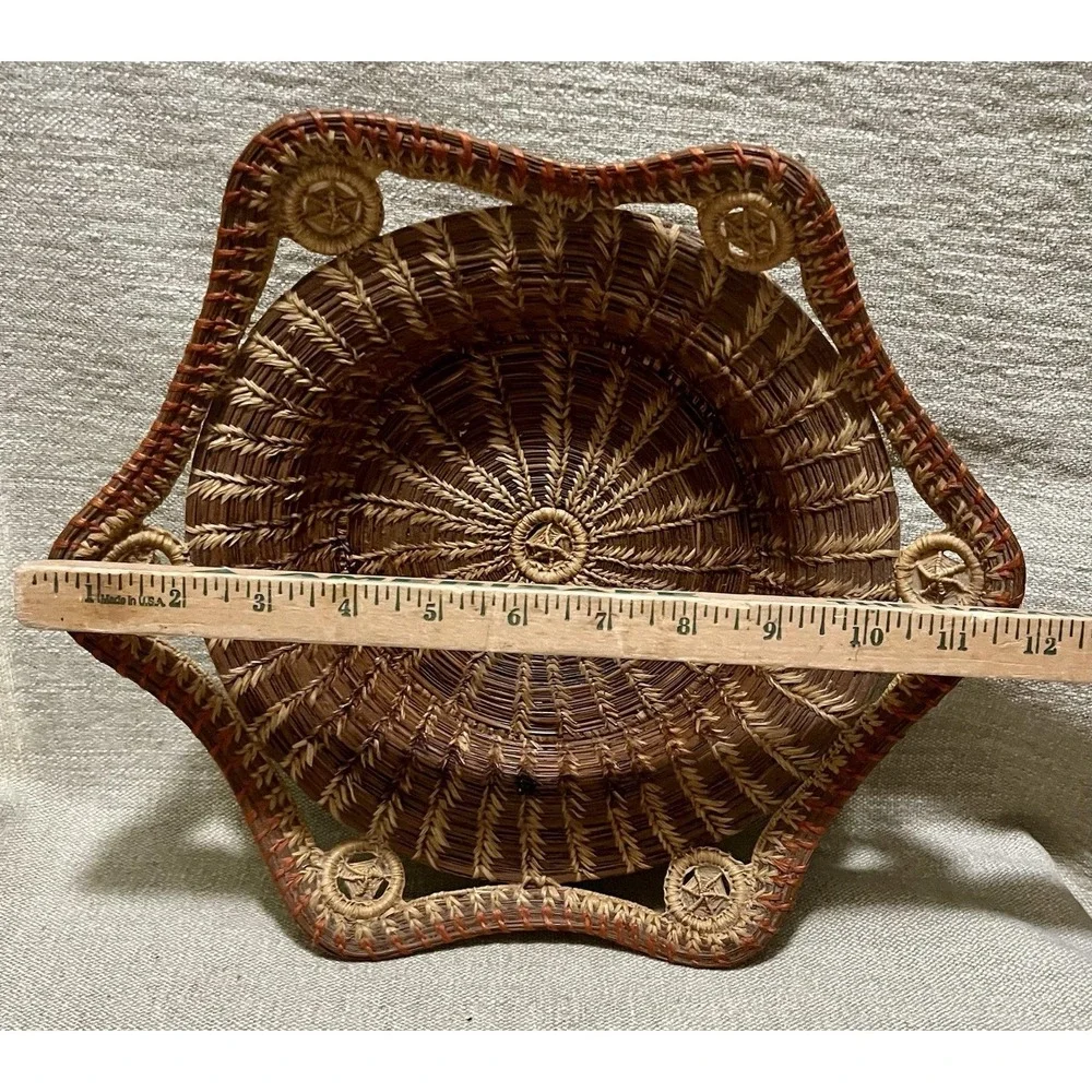 Vtg Coiled Pine Needle Basket 6 Sided Sunburst Scalloped Hexagonal Rim 3 Tone